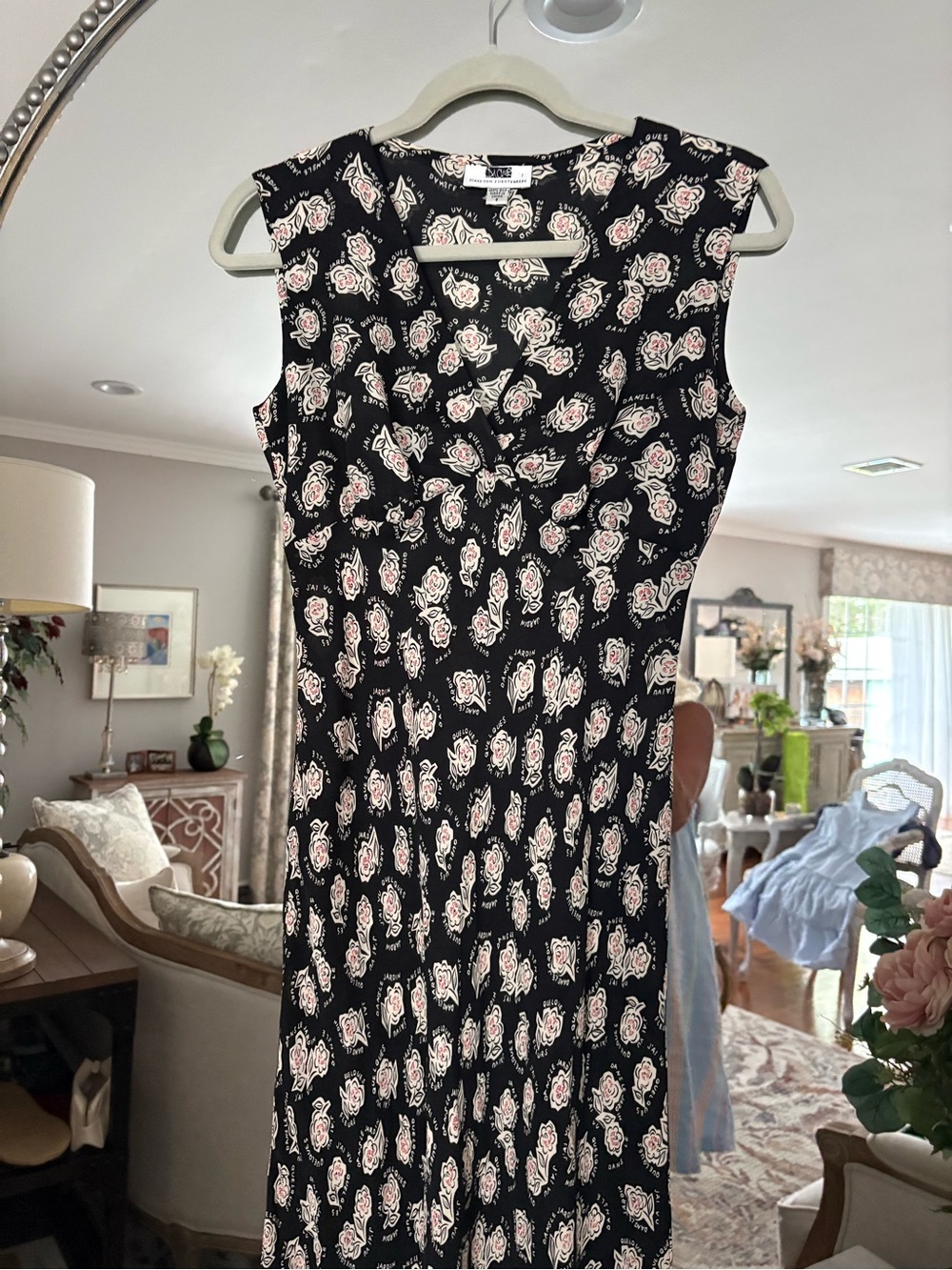 Diane Von Furstenberg Black Midi Dress with Cream-Pink Floral Motif